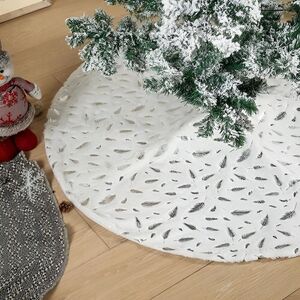 Feather Print Christmas Tree Skirt Boho White Metallic Silver 47.4" Holiday Home